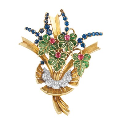 Lot 449 - Gold, Platinum, Plique-a-Jour Enamel, Diamond, Ruby and Sapphire Clip-Brooch, France