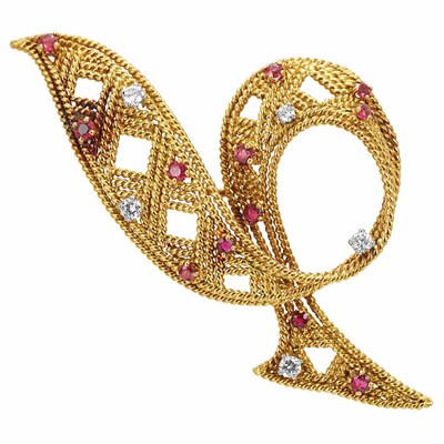 Lot 251 - Gold, Diamond and Ruby Ribbon Brooch, Cartier, France
