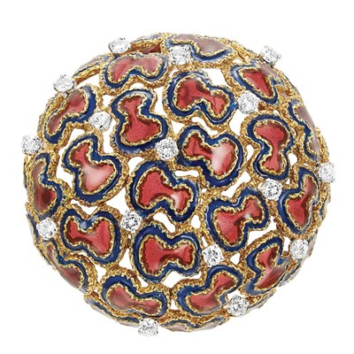Lot 247 - Gold, Plique-a-Jour Orange Enamel, Blue Enamel and Diamond Clip-Brooch