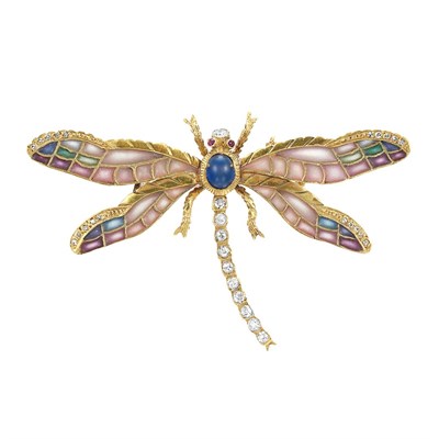 Lot 177 - Gold, Plique-a-Jour Enamel, Cabochon Sapphire and Diamond Dragonfly Brooch