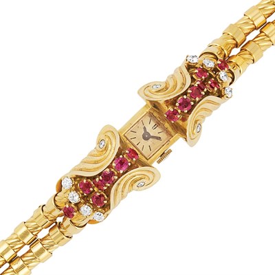 Lot 455 - Retro Gold, Ruby and Diamond Wristwatch, France