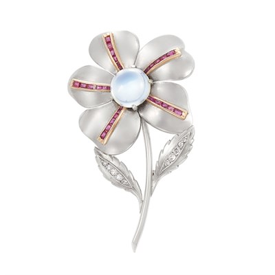 Lot 229 - Retro White and Rose Gold, Moonstone, Ruby and Diamond Flower Brooch