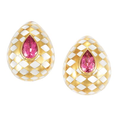 Lot 148 - Pair of Gold, Pink Tourmaline and Mother-of-Pearl Earrings, Angela Cummings