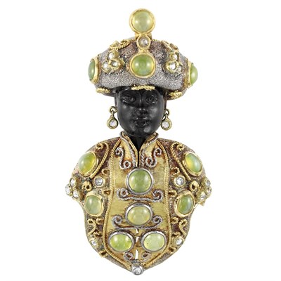 Lot 444 - Gold, Silver, Cat's Eye, Mooonstone and Diamond Blackamoor Clip