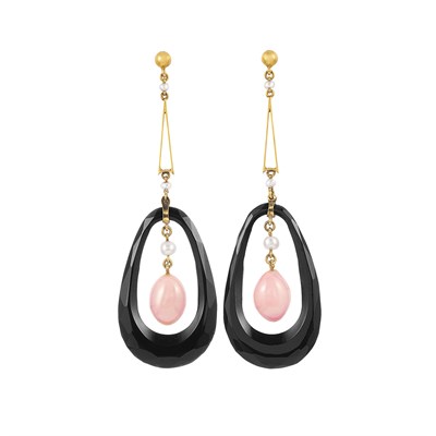 Lot 167 - Pair of Antique Gold, Pearl, Conch Pearl and Black Onyx Pendant-Earclips
