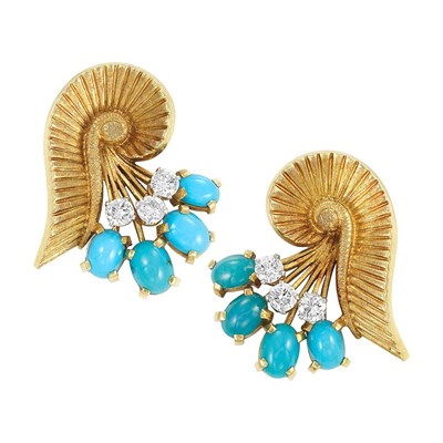 Lot 488 - Pair of Gold, Platinum, Turquoise and Diamond Earclips, Cartier, France