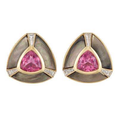 Lot 442 - Pair of Gold, Pink Tourmaline, Diamond and Gray Mother-of-Pearl Earclips, Marina B., France