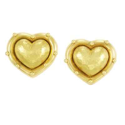 Lot 5 - Pair of Hammered Gold Puffed Heart Earclips, Tiffany & Co., Paloma Picasso