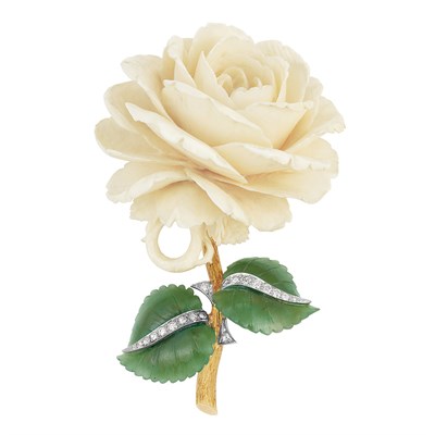 Lot 547 - Gold, Platinum, Carved Ivory and Nephrite and Diamond Flower Clip-Brooch