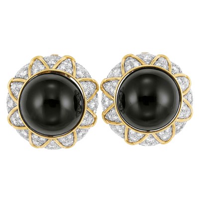 Lot 499 - Pair of Platinum, Gold, Black Onyx and Diamond Earclips, David Webb