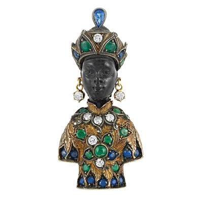 Lot 549 - Gold, Silver, Sapphire, Emerald and Diamond Blackamoor Clip, G. Nardi