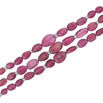 Lot 125 - Triple Strand Tumbled Pink Tourmaline Bead, White Gold and Diamond Necklace