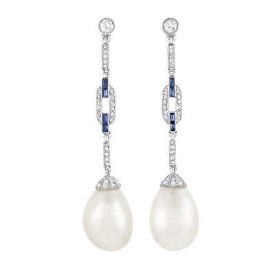 Lot 626 - Pair of Art Deco Platinum, Diamond, Sapphire and Natural Pearl Pendant-Earclips