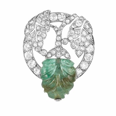Lot 108 - Edwardian Platinum, Diamond and Carved Emerald Pin, Marchak, Paris