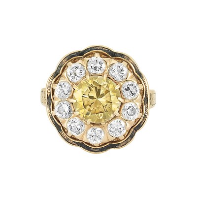 Lot 76 - Gold, Brownish-Yellow Diamond, Diamond and Black Enamel Ring