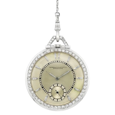 Lot 195 - Art Deco Platinum and Diamond Open Face Pocket Watch, Vacheron & Constantin, with Diamond and Black Onyx Chain