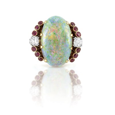 Lot 458 - Retro Gold, Platinum, Opal, Diamond and Ruby Ring