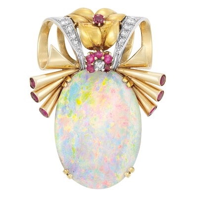 Lot 457 - Retro Gold, Platinum, Opal, Ruby and Diamond Clip