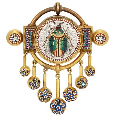 Lot 403 - Antique Gold and Micromosaic Fringe Pendant-Brooch