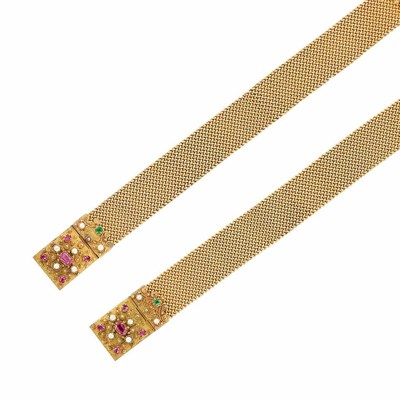 Lot 397 - Pair of Antique Gold, Gem-Set and Split Pearl Mesh Bracelets