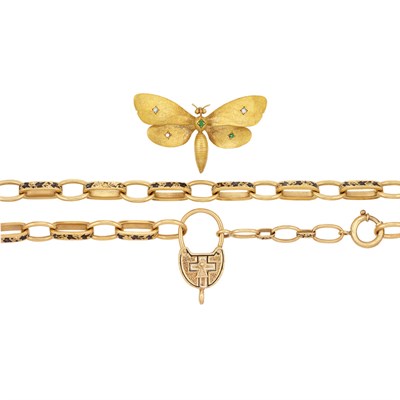 Lot 59 - Antique Gold and Enamel Necklace and Gold, Diamond and Demantoid Garnet Butterfly Clip