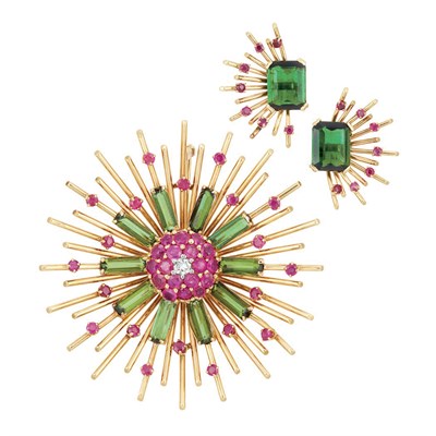 Lot 236 - Retro Gold, Diamond, Ruby and Tourmaline Brooch and Pair of Earclips