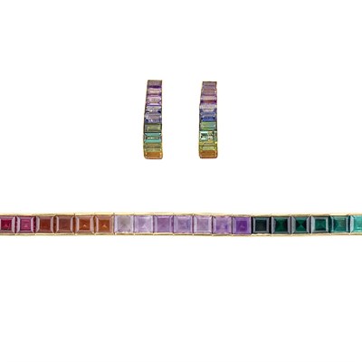 Lot 133 - Gold and Rainbow Colored Stone Straightline Bracelet and Pair of Hoop Earrings