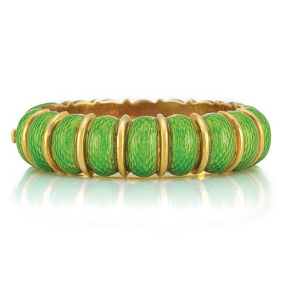 Lot 511 - Gold and Lime Green Paillonne Enamel Bombe Bangle Bracelet, Cartier