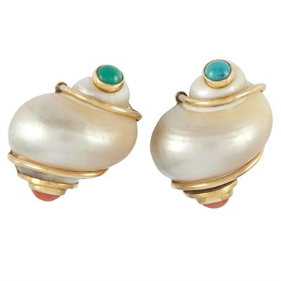 Lot 255 - Pair of Gold, Shell, Turquoise and Coral Earclips, Seaman Schepps