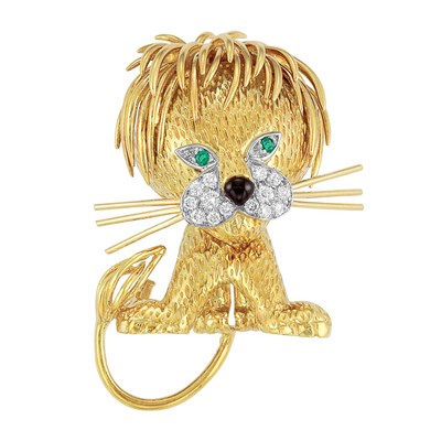 Lot 533 - Gold, Platinum, Diamond, Emerald and Black Enamel Lion Clip-Brooch, Van Cleef & Arpels, France
