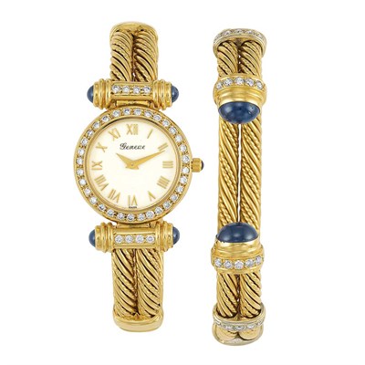 Lot 131 - Gold, Diamond and Cabochon Sapphire Bangle-Watch and Bangle Bracelet