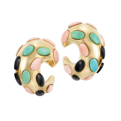 Lot 257 - Pair of Gold, Turquoise, Coral and Black Onyx Earclips