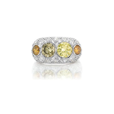 Lot 416 - Edwardian Platinum, Fancy Colored Diamond and Diamond Ring