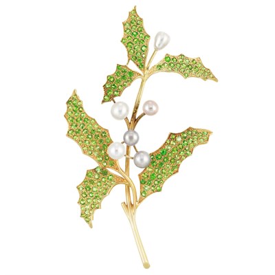 Lot 411 - Gold, Demantoid Garnet and Multicolored Button Pearl Leaf Brooch