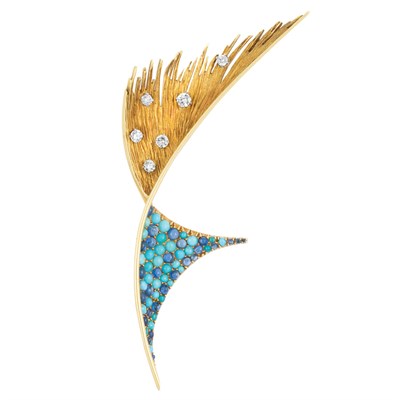 Lot 544 - Gold, Platinum, Diamond, Turquoise and Cabochon Sapphire Clip-Brooch, France