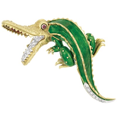 Lot 512 - Two-Color Gold, Green and Red Enamel and Diamond Alligator Brooch