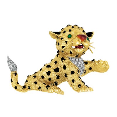 Lot 502 - Gold, Black Enamel, Diamond and Emerald Leopard Clip-Brooch