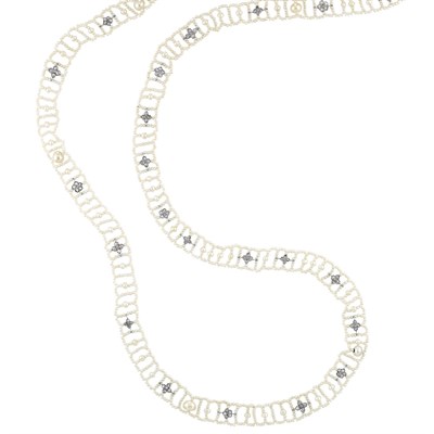 Lot 415 - Long Edwardian Seed Pearl, Pearl, Platinum and Diamond Necklace