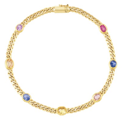 Lot 445 - Gold and Multicolored Sapphire Curb Link Chain Necklace, Bulgari