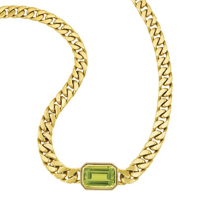 Lot 443 - Gold and Peridot Curb Link Chain Necklace, Bulgari