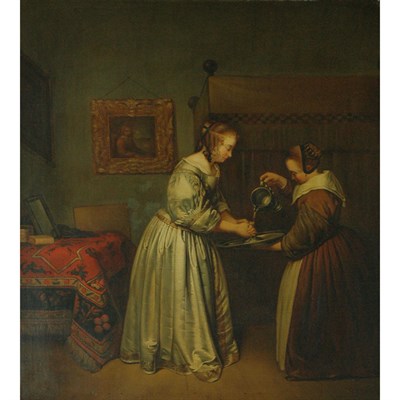 Lot 5 - Manner of Gerard Ter Borch A Lady Washing her...
