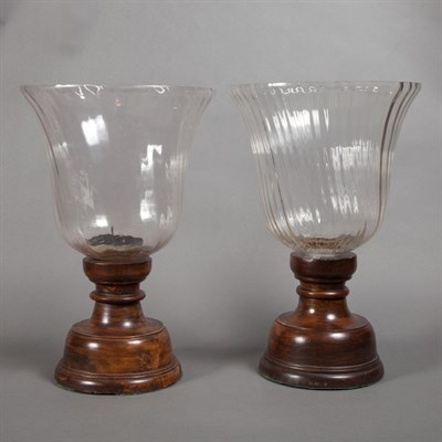 Lot 318 - Pair of Stained Wood and Glass Hurricane Lamps...