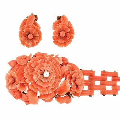 Lot 108 - Coral, Carved Coral and Freshwater Pearl Flower Bracelet and Pair of Earrings