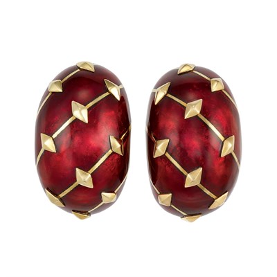 Lot 513 - Pair of Gold and Red Paillonne Enamel Bombe Earrings, Tiffany & Co, Schlumberger, France