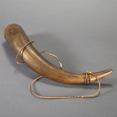 Lot 292 - Carved Wood and Cow Horn Powder Horn Depicting...