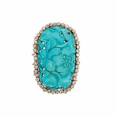 Lot 359 - Two-Color Gold, Carved Turquoise and Diamond Brooch