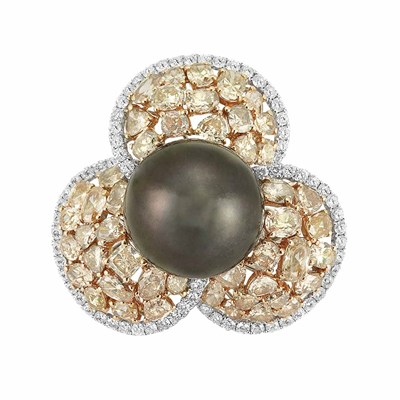 Lot 212 - Two-Color Gold, Black Cultured Pearl, Light Yellow and Brown Diamond and Diamond Ring