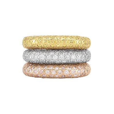 Lot 219 - Three Tricolor Gold, Diamond and Yellow and Light Pink Diamond Rings