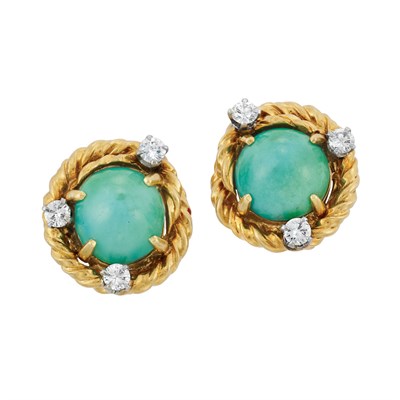 Lot 265 - Pair of Gold, Platinum, Turquoise and Diamond Earclips, Van Cleef & Arpels, France
