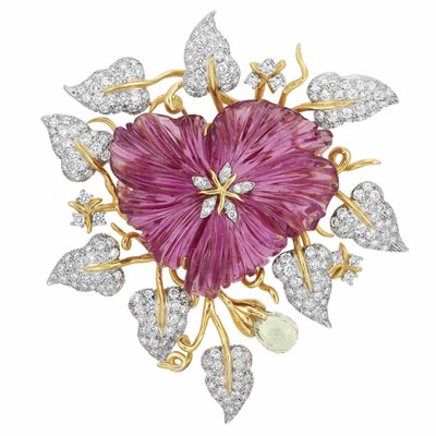 Lot 553 - Platinum, Gold, Carved Pink Tourmaline and Diamond Flower Clip, Valentin Magro